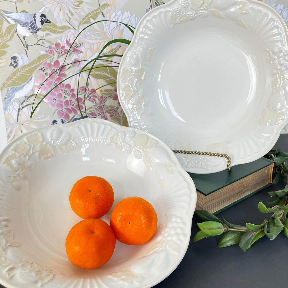 Lenox Pasta Bowls Butler's Pantry 9.5" Ivory Embossed Fruit Set of 2
